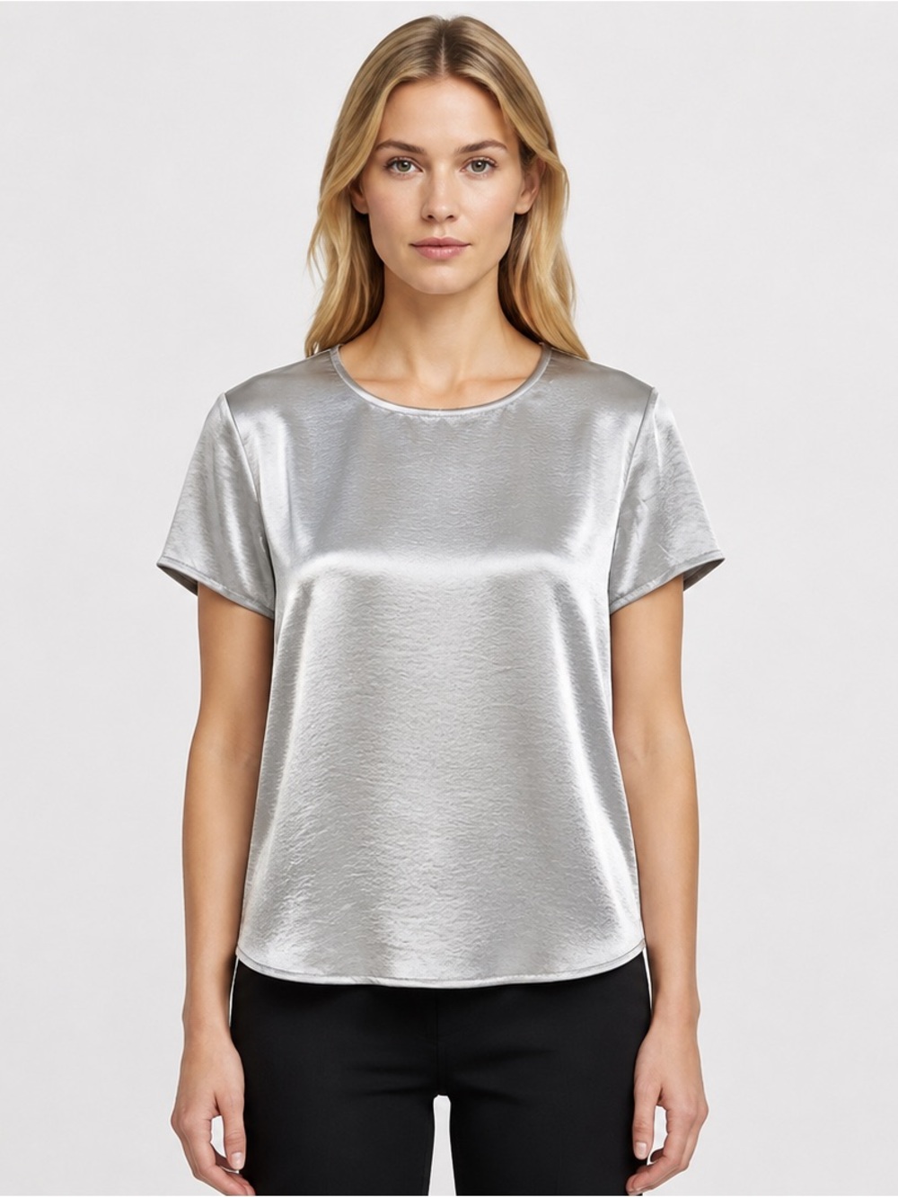 Vince Camuto Silver Satin Metallic Round Neck Short Sleeve Blouse Size Small